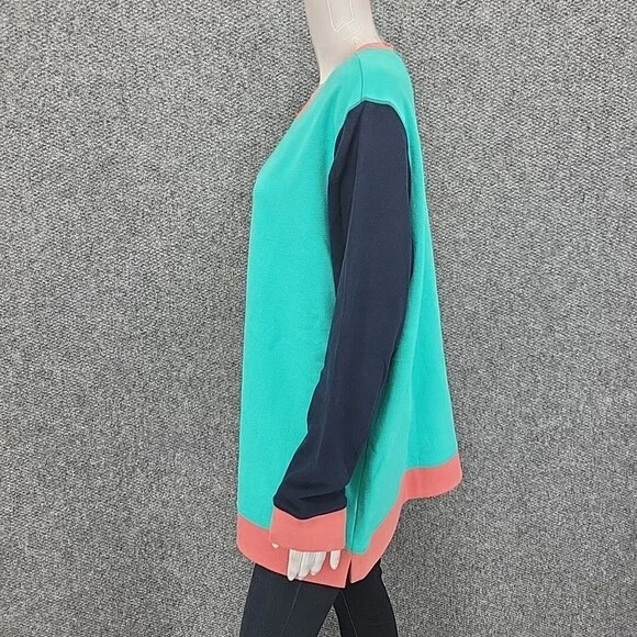 Lands End Heavy Cotton Sweatshirt 1X Plus Size Teal Colorblock Pullover Top - Picture 7 of 11